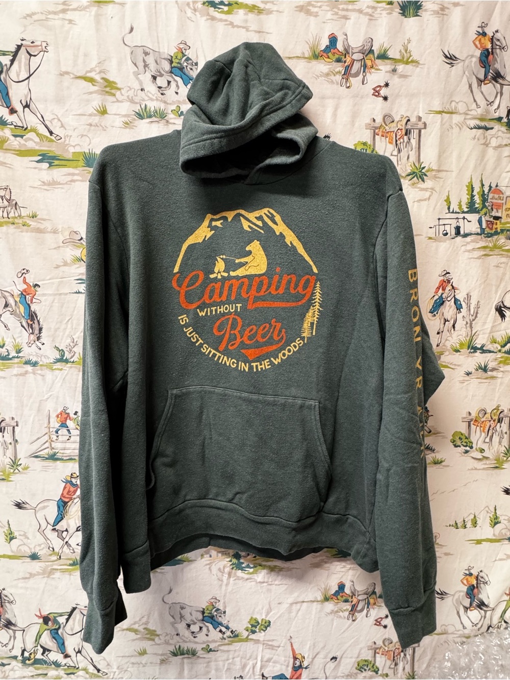 Camping Without Beer Graphic Hoodie - Sage Green- size large
